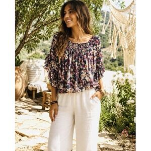 Studio B by Bobeau M Peasant Blouse Boho Floral Smocked Ruffle Sleeve FF19